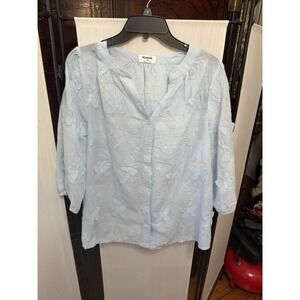 Kindred Womens 3X Light Blue Butterfly Embroidered Button Front Blouse Top NWT